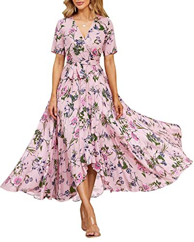 Pinup Fashion Pink Floral Dress Women High Low Maxi Long Flowy Boho Short Sleeve