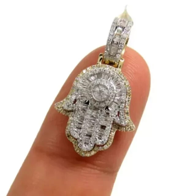 1.50Ct Baguette Cut Real Moissanite Hamsa Hand Pendant 14K Yellow Gold Plated