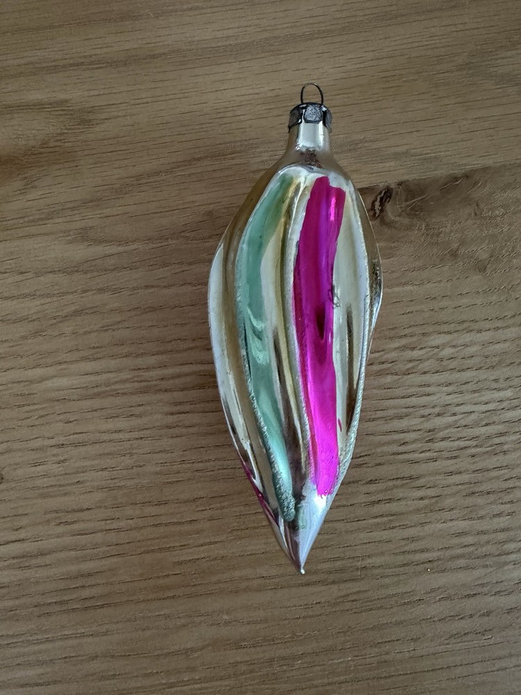Vintage Stripe Teardrop Glass Poland Christmas Ornament
