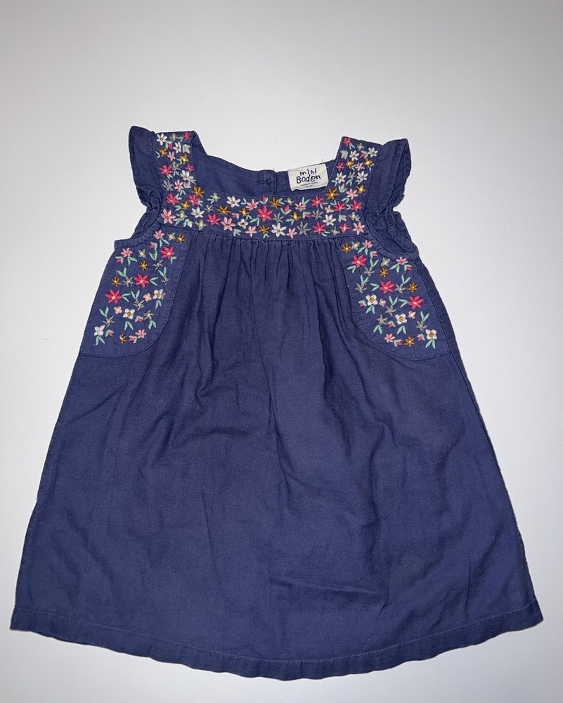 Mini Boden Blue Multicolor Floral Embroidered Dress Sz 2-3Y