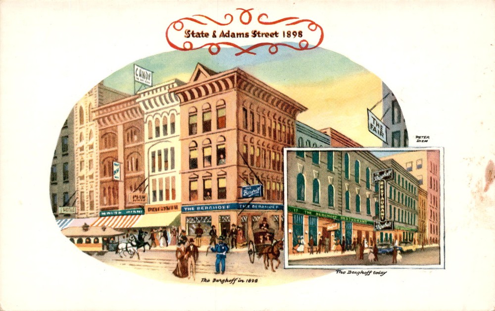 State & Adams Street, The Berghoff, 17 West Adams St., Chicago, Postcard
