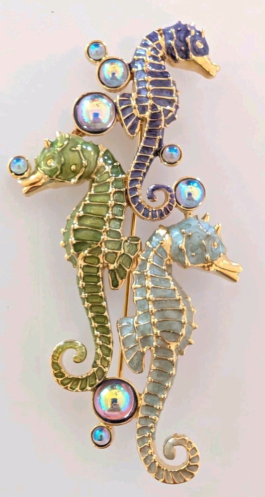 Bob Mackie Seahorse Brooch Ocean Sea Horse Bubbles Rhinestone Vintage Signed Pin