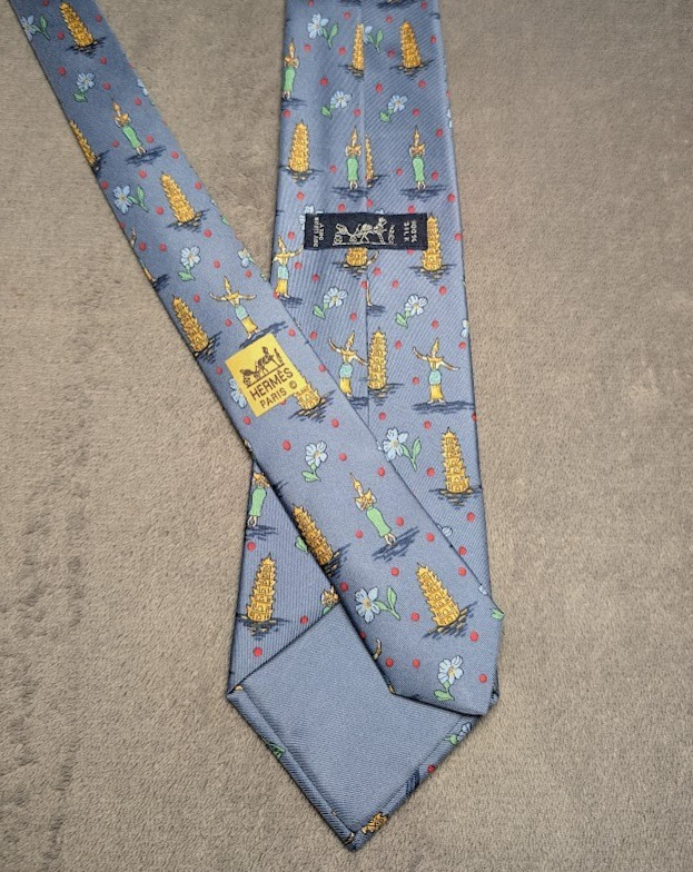 HERMES Blue Yellow 100% Silk Thailand Temple Dancer Pattern Tie 7577 | 57 x 3.5