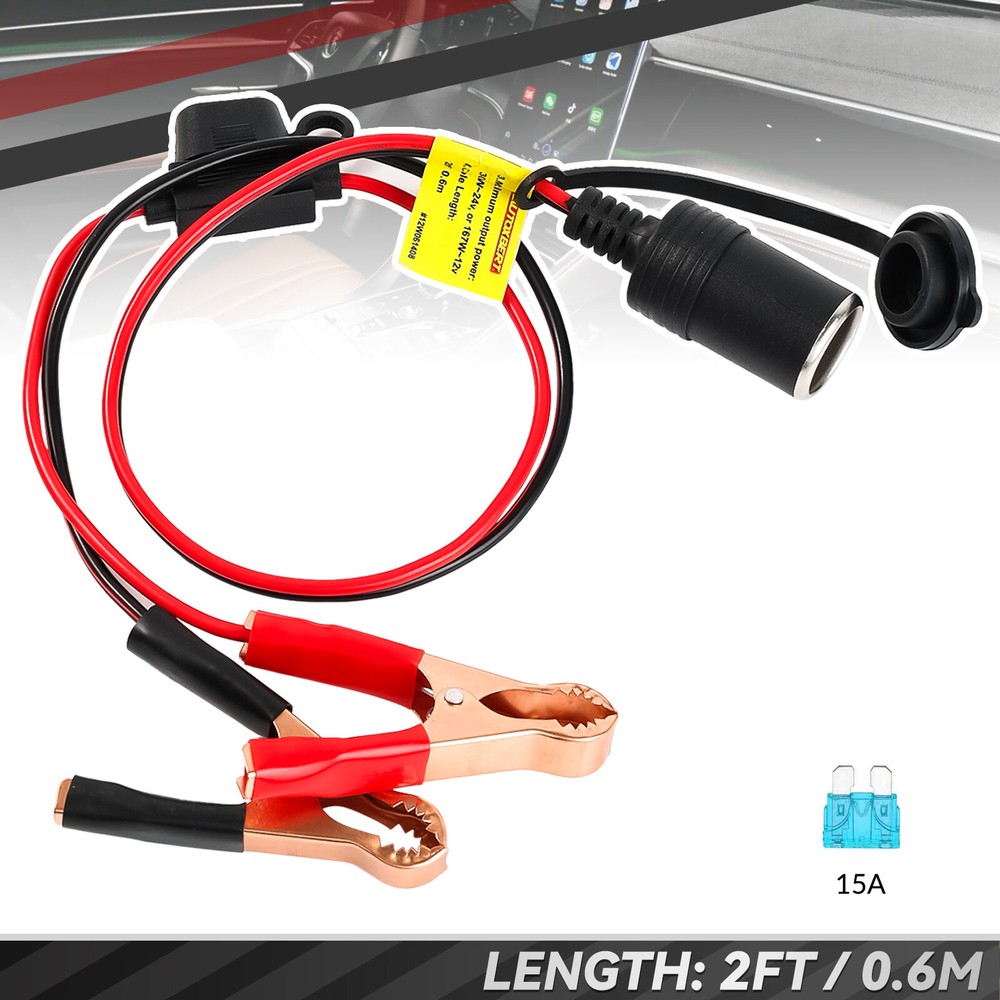 12V Battery to Cigarette Lighter Adapter with 2ft Cable and Alligator Clips