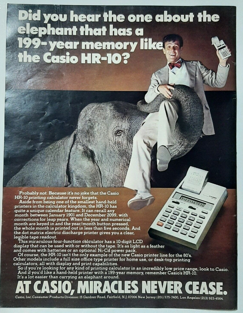 1981 Casio Vintage Print Ad Calculator Elephant 199 Year Memory Bowtie Man Suit