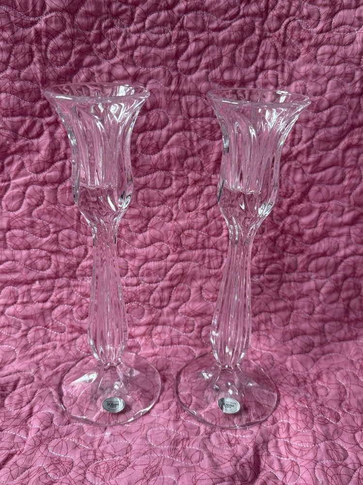 2 Gorham Full Lead Crystal Candlestick Holder Tulip Pattern Made In Germany 8”