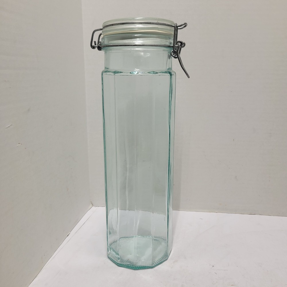 Vtg Hermetic Green Tint 13” Glass 12 Panel Hinged Wire Bail Italy Canister Jar