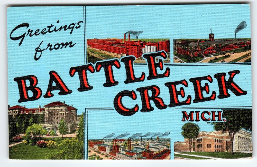 Vintage Linen Large Letter Postcard Greetings from Battle Creek Michigan Views