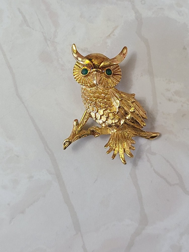 Signed Monet Vintage Gold Tone Green Rhinestone Eyes Owl on Branch Brooch Pin