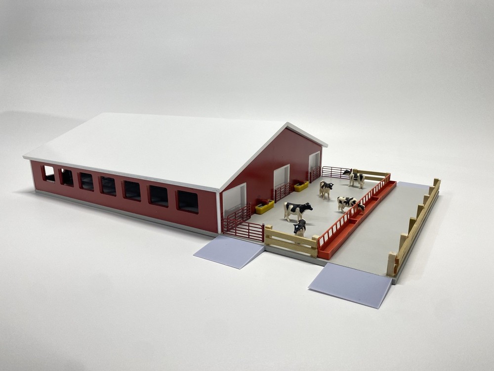 1/64 Custom Cattle Barn Feed Lot 70x85 Red Sides White Roof with Lights