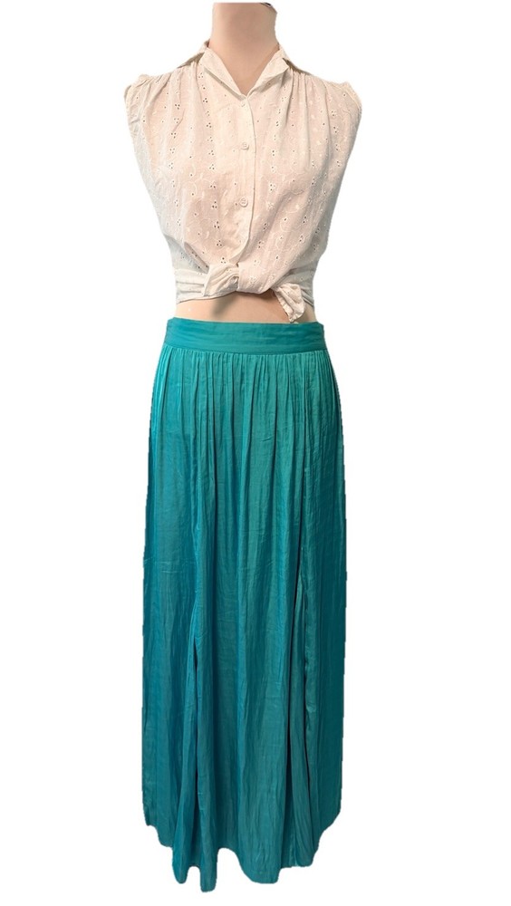 Chico's Satin Maxi Skirt Women Size 4 Small Teal Green Stretch Boho Flowy Fairy