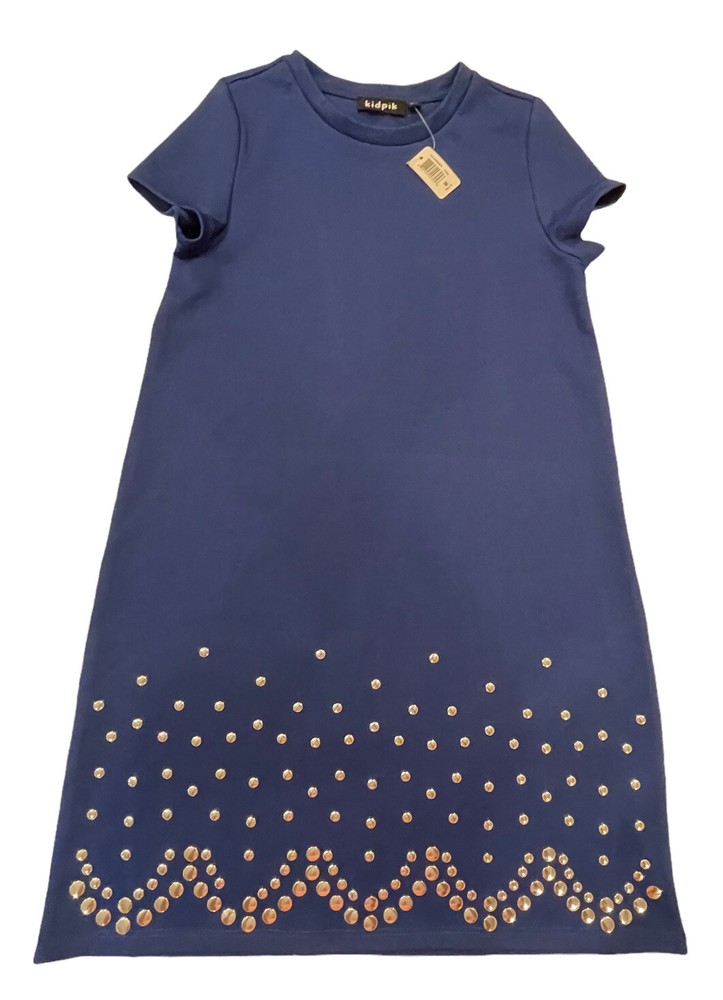 NWT Kidpik Girls A Line Dress Short Sleeve Size M 10 Royal Blue Silver Dots NEW