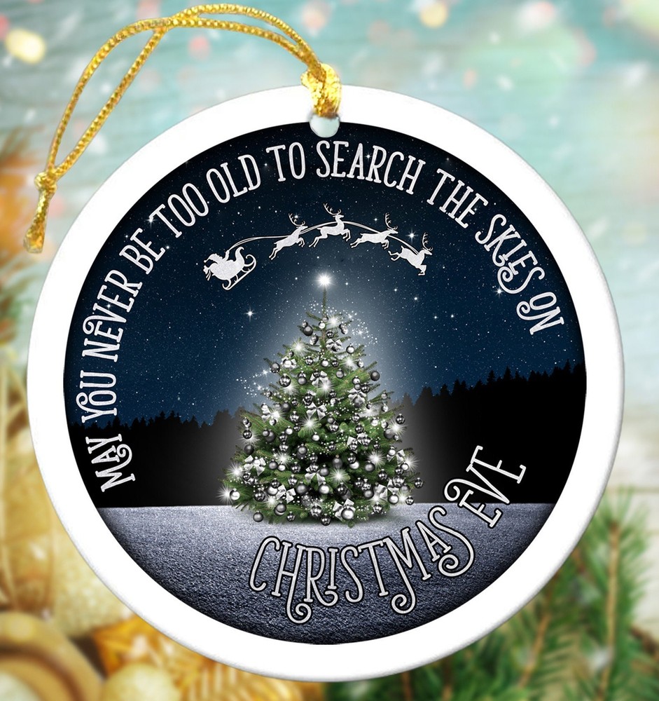 Christmas Eve Ornament White Santa's Reindeers Crossing Merry Bright Vintage