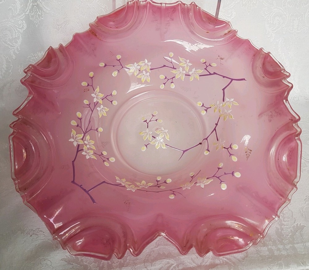 ANTIQUE  VICTORIAN ERA HAND BLOWN ART GLASS CRANBERRY HAND PAINTED BRIDAL BOWL