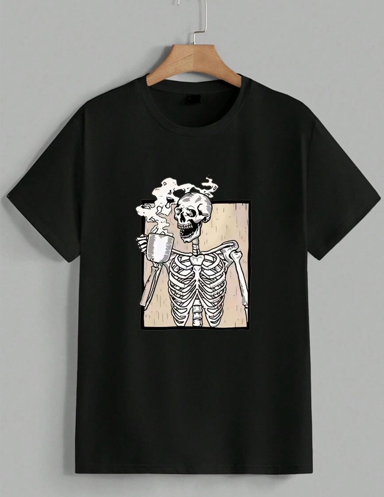 Skeleton Drinking Coffee T-Shirt Funny Skull Graphic Tee Morning Humor Unisex