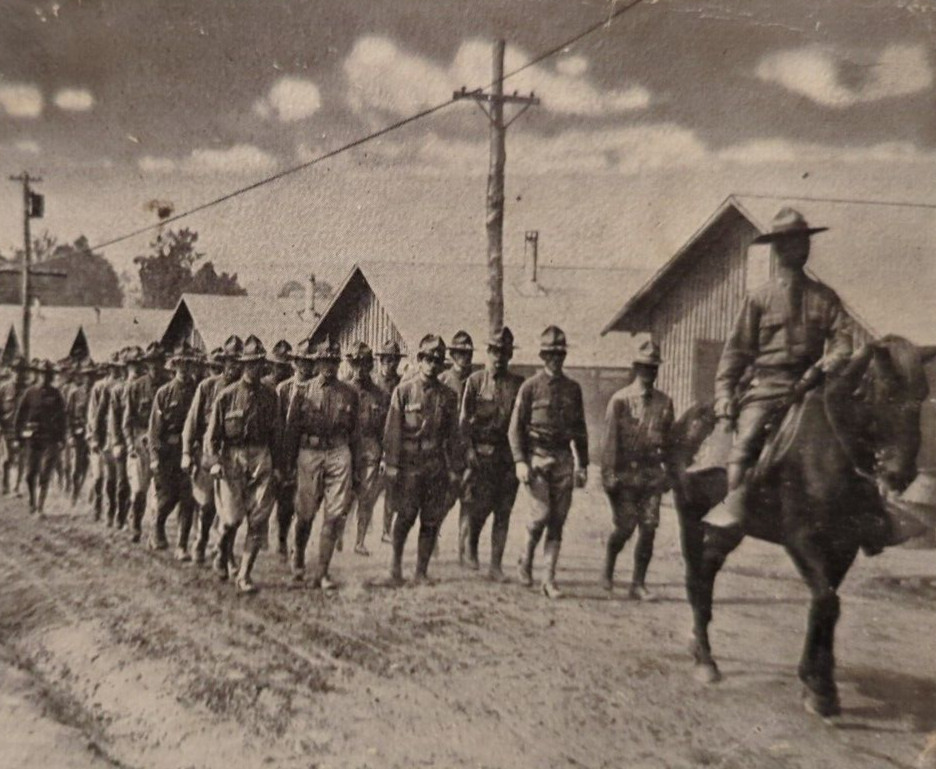 Camp Wadsworth Spartanburg SC WWI Army Post on a Hike Dog Joins Soldiers 1918