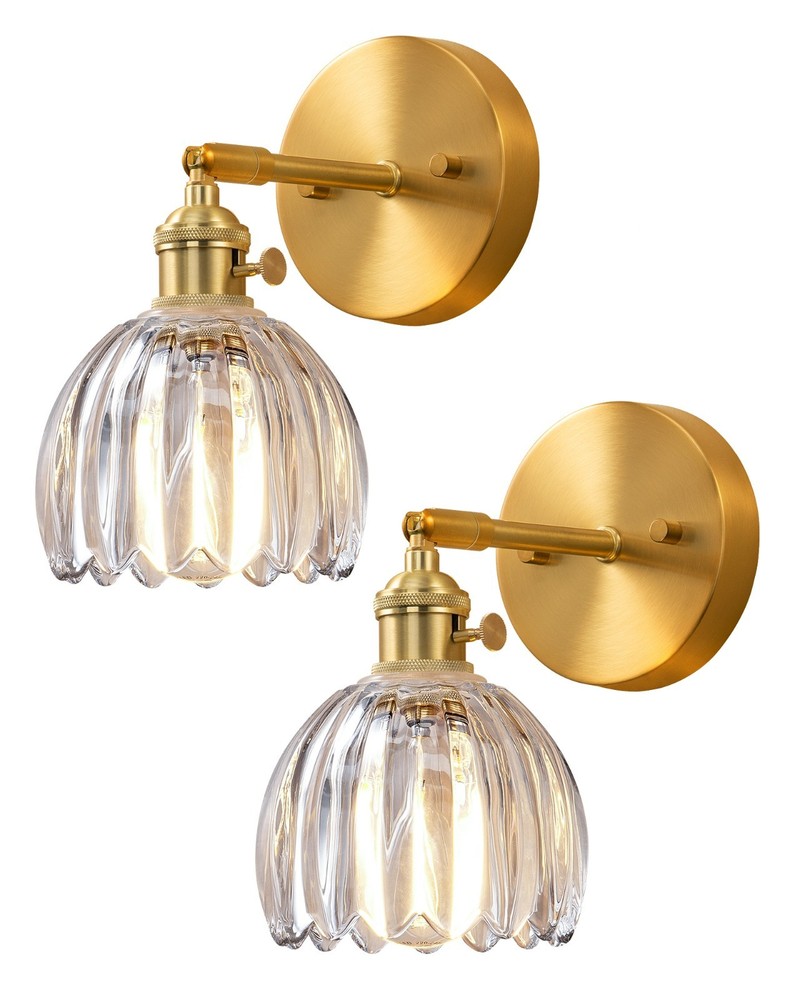 EDISHINE 2-Pack Brass Gold Wall Sconces, Tulip Glass, Vintage Bathroom Lighting