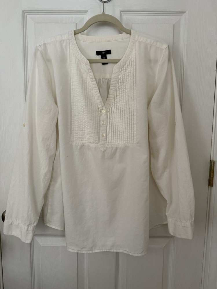 GAP Women’s XL White Pleated Button Split Neck Tunic Blouse Roll Tab Sleeve