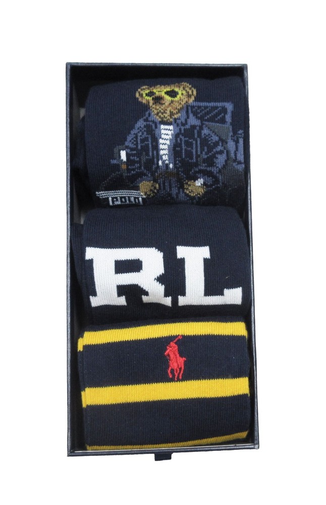 Polo Ralph Lauren Men's Navy Assorted Polo Bear Crew Socks 3 Pack Gift Box