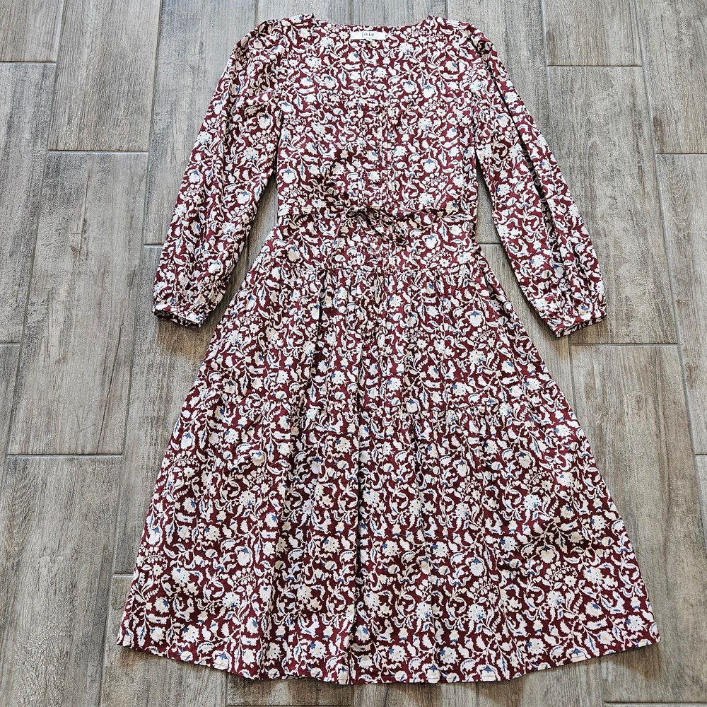 Joie Midi Dress Women M Alesia Floral Rust Long Sleeve Boho Chic Cottagecore
