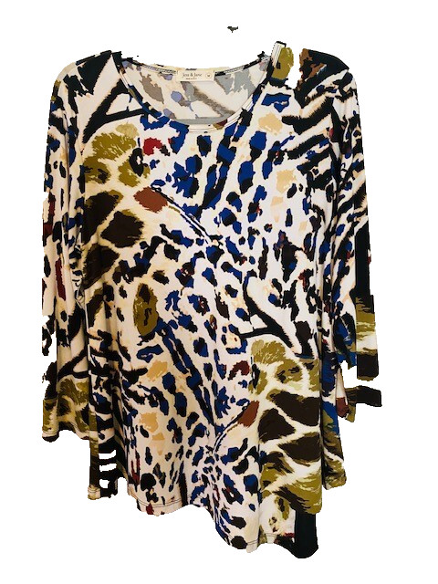 Jess & Jane Tunic Top Animal Print Asymentrical Multi Color 3/4 Sleeves  Size M