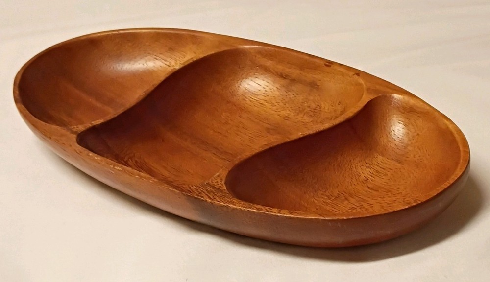 Oval Wood Divided Serving Tray, 3 Compartments, Medium Brown Wood Grain