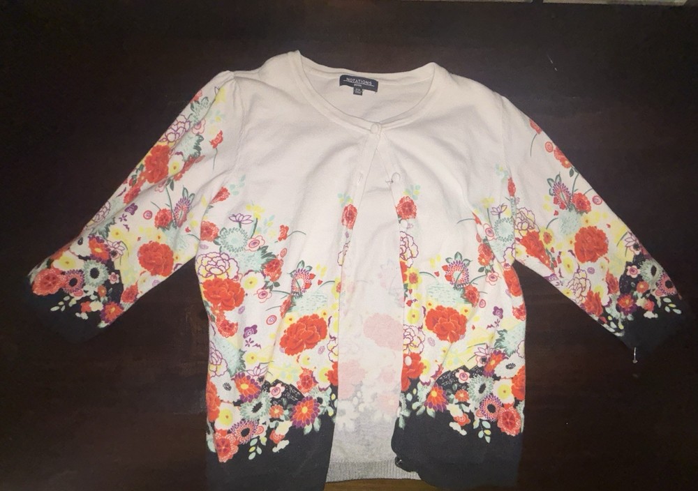Notations Petite PS Floral Button Cardigan Sweater Lightweight Knit 3/4 Sleeve