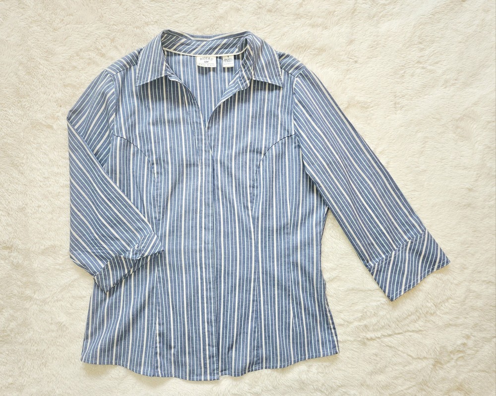 Riders by Lee Women's Easy Care 3/4 Sleeve Striped Shirt Button-down Blouse Sz S