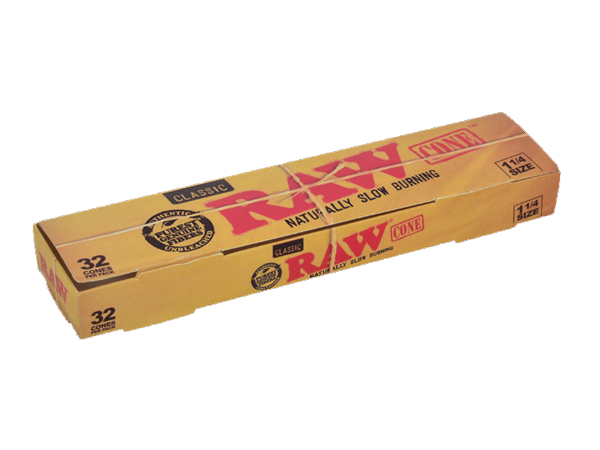 Raw Classic Natural Unrefined 1 1/4 Pre-Rolled Cones 32 Per Box