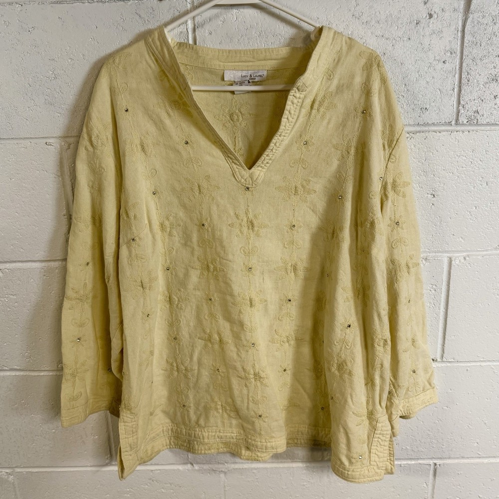 Lucy & Laurel Linen Floral Boho Tunic Womens Plus 2X Embroidered Cottagecore Top
