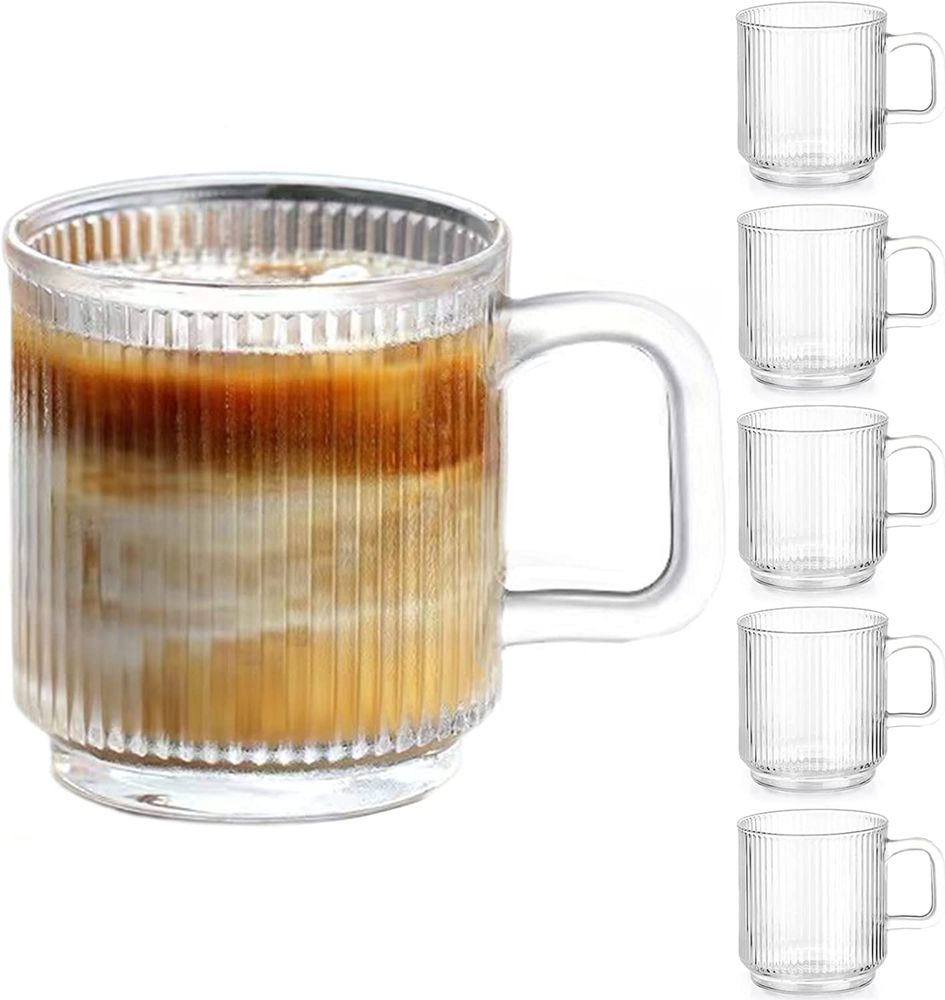 6 PACK Premium Glass Coffee Mugs Handle 12 OZ Classic Vertical Stripes Glass Tea