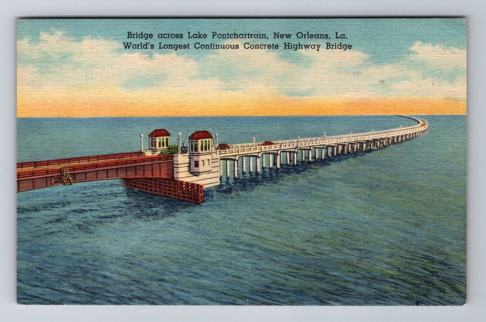 New Orleans LA-Louisiana, Lake Pontchartrain, Highway Bridge, Vintage Postcard
