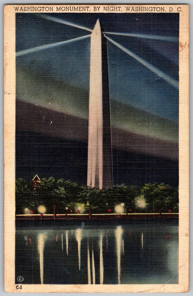 Vtg Linen Postcard Monument Night View Washington, D.C 1930s