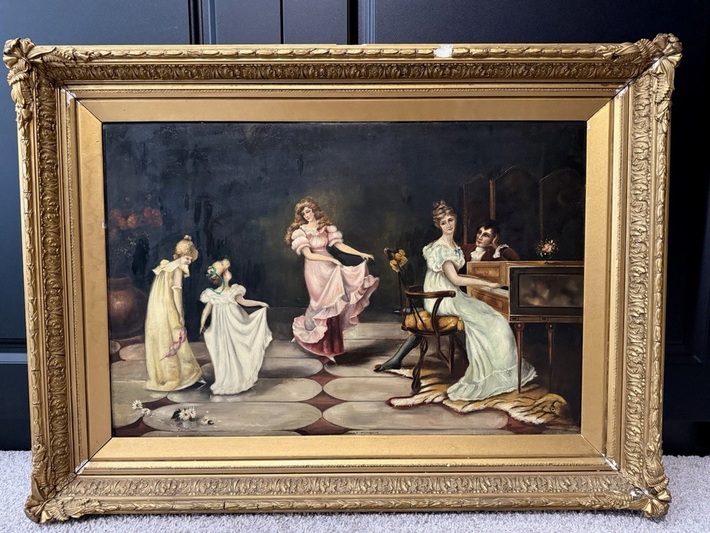 Antique Victorian Interior Genre Scene Oil Painting After Maude Goodman