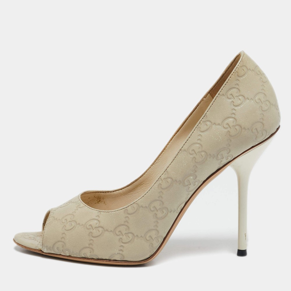 Gucci Off White Guccissima Leather Horsebit Peep Toe Pumps Size 38.5