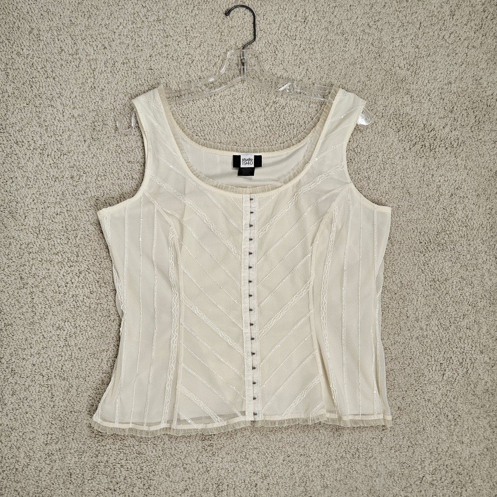 Vintage 00s Corset Tank Ivory Sheer Sequins Womens L Ethereal Fairy Whimsy