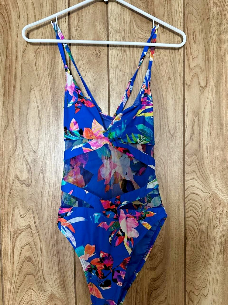 La Blanca Havana Tropics One Piece Mesh Swimsuit Sapphire Blue Size 10 Floral