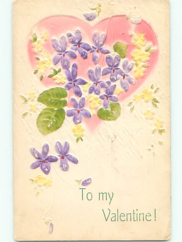 Pre-Linen valentine ART NOUVEAU - EMBOSSED LARGE HEART WITH PURPLE FLOWERS k6009