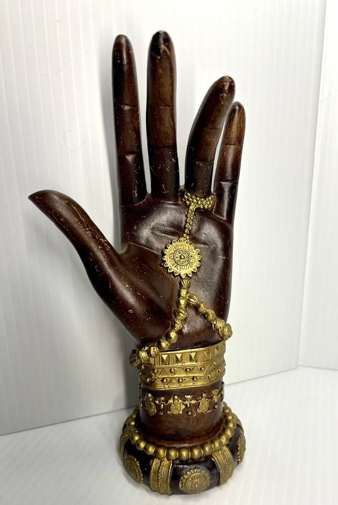 Vintage 8” Wood Resin Hand Sculpture with Gold Trim Boho Ring Holder