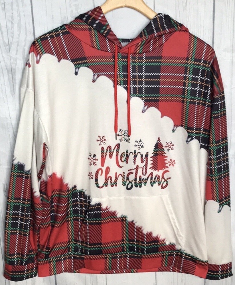 MERRY CHRISTMAS/TREE/PLAID Pullover Sweatshirt Hoodie WOMEN'S L - PERFECT COND!