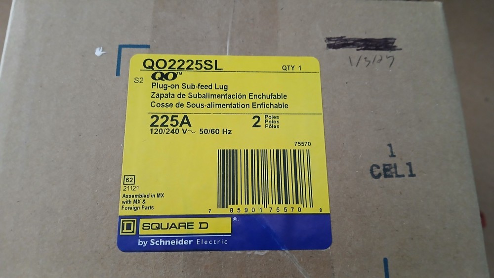 NEW - Square D QO2225SL 225 Amp 120/240 VAC 2 Pole Plug-On Sub Feed Lug