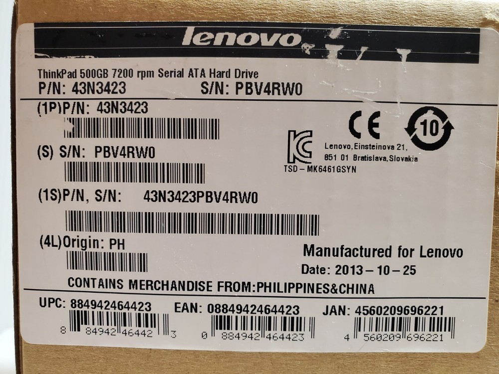OEM Lenovo THINKPAD 500GB 7200 RPM Serial ATA Hard Drive 43N3423 Sealed in Box