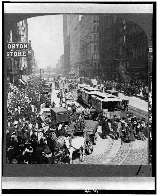 Busy Street Scene,State Street,Chicago,Illinois,IL,Madison Street,Trolley Cars