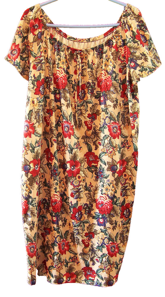 Haband Womens Lounge Muumuu Dress Size Large Gold Tan Red Blue Tropical Floral