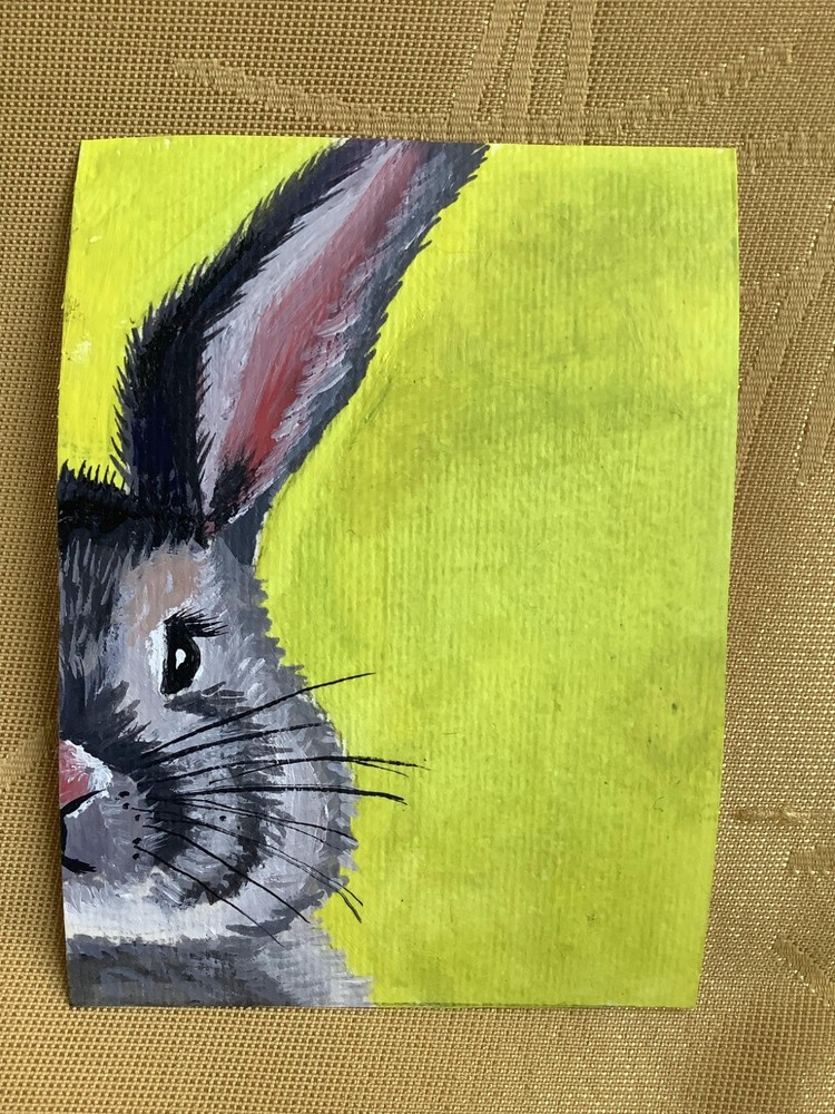 ACEO Original Painting Bunny Rabbit Whimsical Animal Art Miniature OOAK Peeking