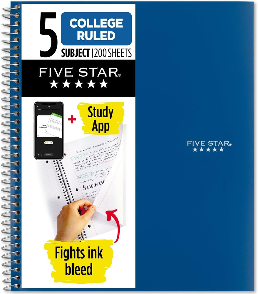 5-Subject Spiral Notebook College Ruled 200 Sheets Blue 73635
