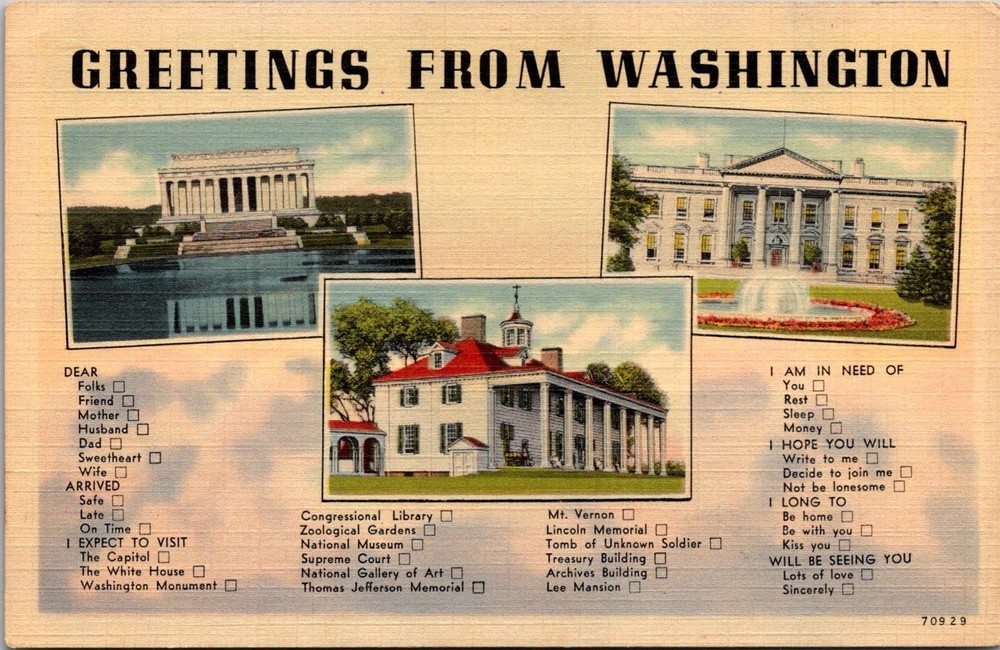 Dr Jim Stamps Postcard Greetings From Washington Multiview Linen Unposted