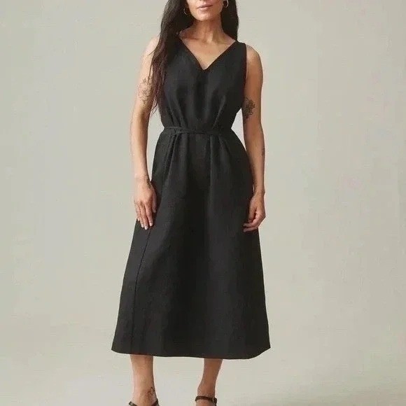 American Giant Tank Dress Womens Medium Black Linen V-Neck Pockets Everyday Wear