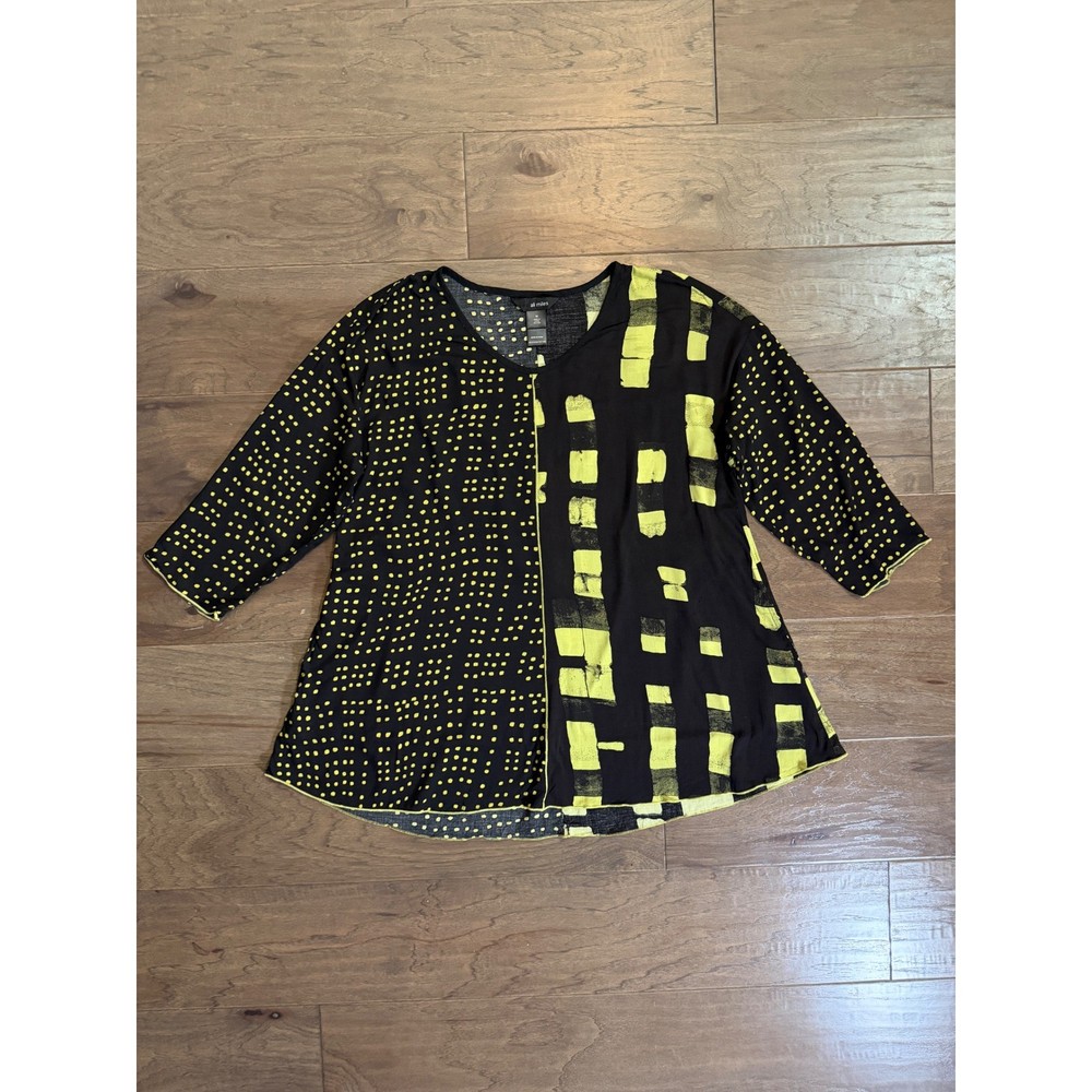 Ali Miles Womens M Black Lime Green Geometric Dot 3/4 Sleeve Pocket Tunic Top