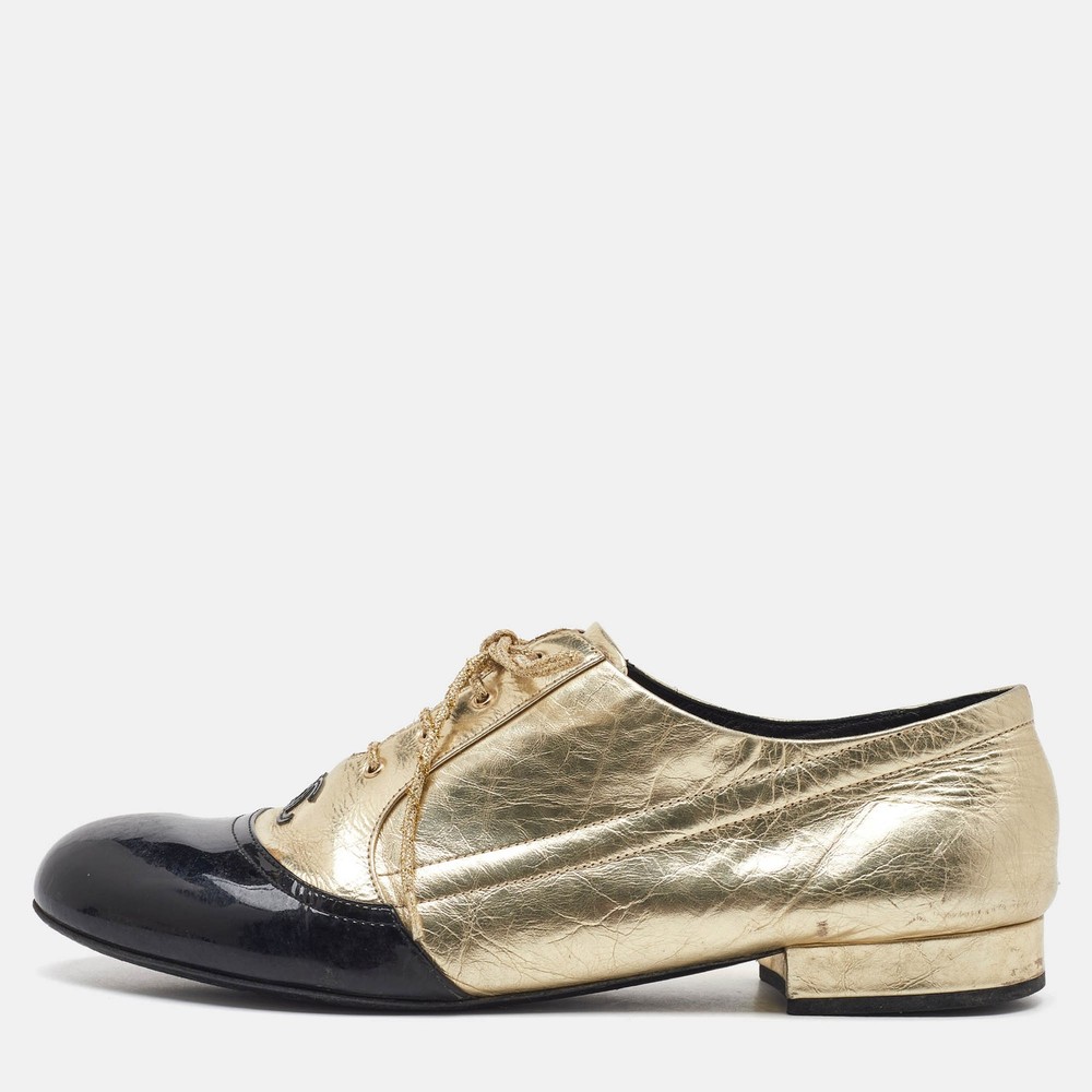 Chanel Black and Gold Leather CC Lace Up Oxfords Size 38.5
